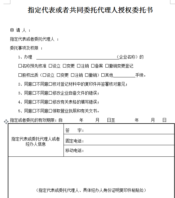 指定代表或者共同委托代理人授權(quán)委托書