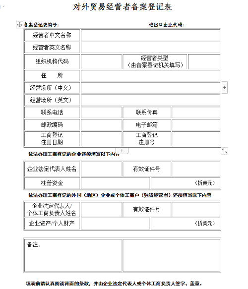 對外貿(mào)易經(jīng)營者備案登記表